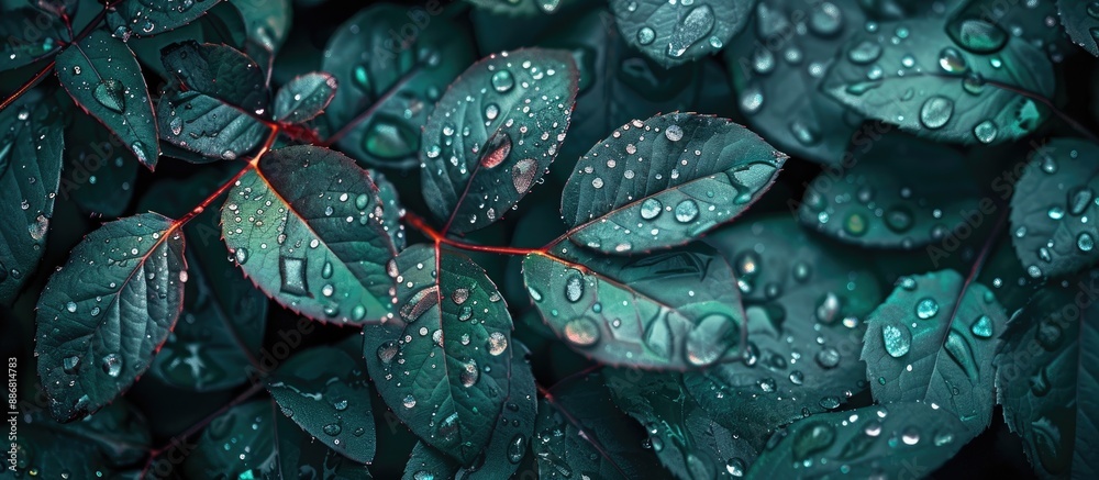 Obraz premium Background of wet rose leaves with water drops, suitable for a copy space image.