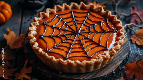 Pumpkin pie with spooky spider web icing, topdown view, HD. photo