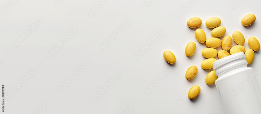 An open bottle or container displaying yellow pills on a white background with ample copy space for text overlay, presenting a blank, white medicine concept. An open bottle or container displaying yellow pills on a white background with ample copy space for text overlay, presenting a blank, white medicine concept.