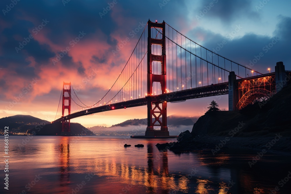 Fog passing through the vibrant Golden Gate Bridge in S�o Francisco, generative IA Fog passing through the vibrant Golden Gate Bridge in S�o Francisco, generative IA