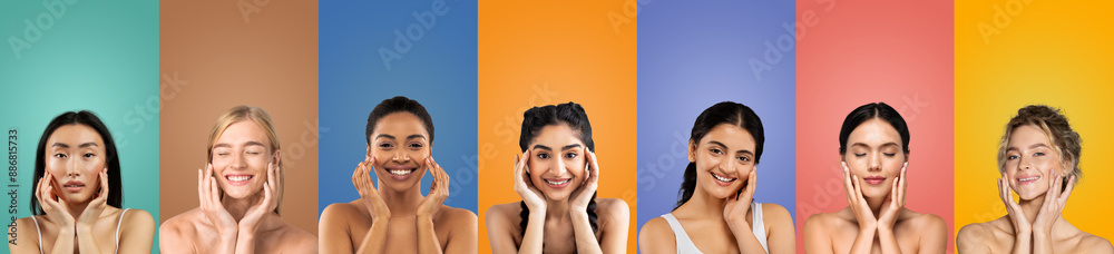Seven women with different skin tones pose with their hands on their cheeks. Each woman is positioned against a different solid color background, creating a vibrant and diverse visual. Seven women with different skin tones pose with their hands on their cheeks. Each woman is positioned against a different solid color background, creating a vibrant and diverse visual.