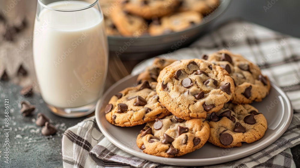A plate of homemade chocolate chip cookies stacked next to a glass of milk. A plate of homemade chocolate chip cookies stacked next to a glass of milk.