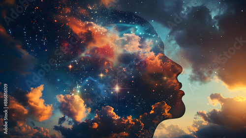 A conceptual image of a person's silhouette filled with a starry sky and clouds, blending elements of nature and cosmos. This artwork symbolizes imagination, dreams, and the infinite possibilities of 
