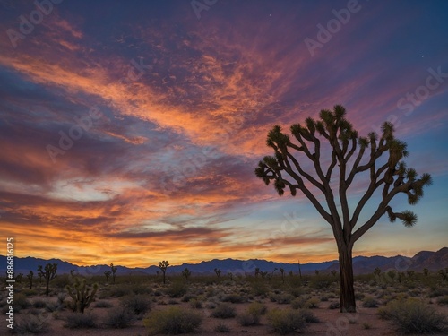 Lone joshua tree stands prominently against vibrant sunset sky, with hues of orange, pink, blue blending ly above silhouette of distant mountains. Desert landscape dotted with smaller shrubs, cacti.