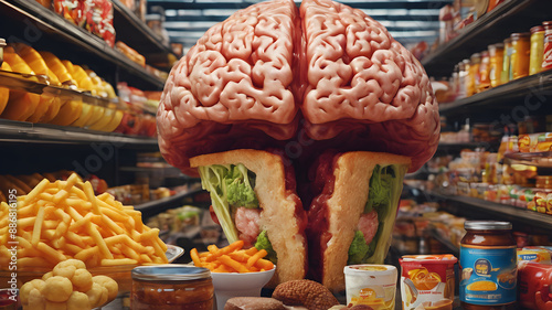 Show a brain surrounded by ultra processed foods. Generative AI