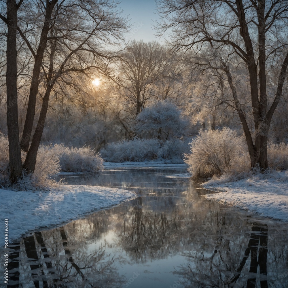 Tranquil river winds through frost-covered landscape, its partially frozen surface reflecting bare branches, snow-dusted trees. Morning sun casts golden glow, creating serene symmetry in this cold. Tranquil river winds through frost-covered landscape, its partially frozen surface reflecting bare branches, snow-dusted trees. Morning sun casts golden glow, creating serene symmetry in this cold.