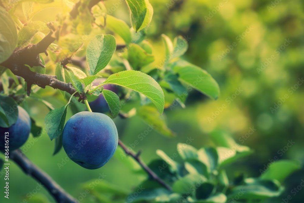 Plum tree with ripe dark purple fruits on branches surrounded by green foliage. Garden scene with lush vegetation and natural beauty. Perfect for eco-friendly or nature-inspired projects. Plum tree with ripe dark purple fruits on branches surrounded by green foliage. Garden scene with lush vegetation and natural beauty. Perfect for eco-friendly or nature-inspired projects.