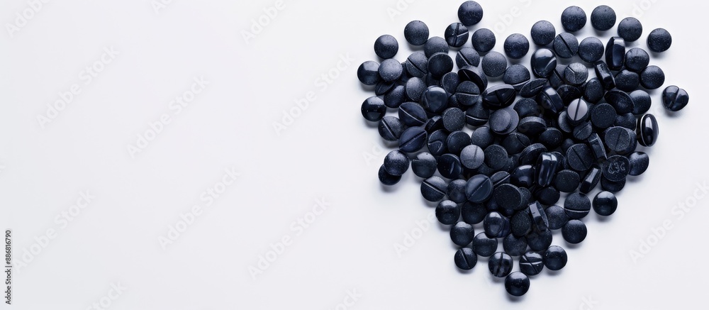 Medical black pills forming a heart with copy space image on white background, representing a medicine concept to cure pain and promote health. Medical black pills forming a heart with copy space image on white background, representing a medicine concept to cure pain and promote health.