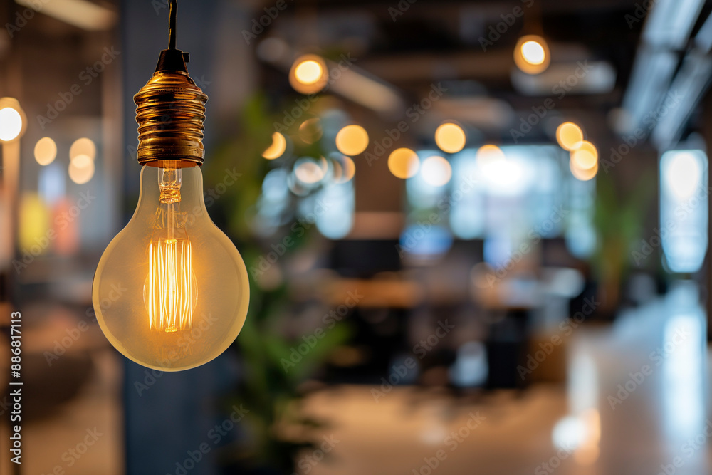 Modern office with warm lighting and stylish decor. Focus on the hated light bulb. Copy space for text Modern office with warm lighting and stylish decor. Focus on the hated light bulb. Copy space for text