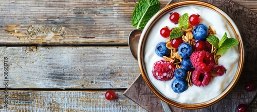 Nutritious morning meal featuring granola, muesli, yogurt, and berries on a rustic wooden backdrop perfect for inserting text or images.