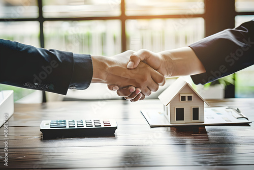 Professional Real Estate Agent and Client Handshake with House Model and Calculator on Desk