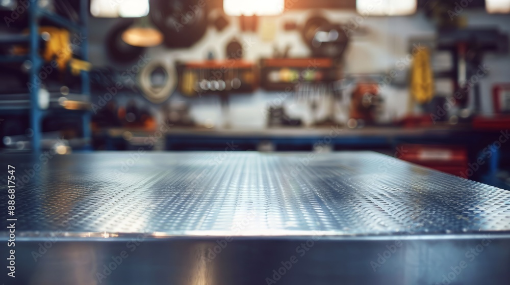 A metal blank tabletop with blurred automotive tools and parts in the background suitable for promoting automotive products A metal blank tabletop with blurred automotive tools and parts in the background suitable for promoting automotive products