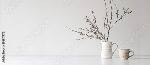 A clear vase holding dried branches and a mug set against a white backdrop demonstrates minimalist eco-friendly interior decor, offering a staged copy space image.