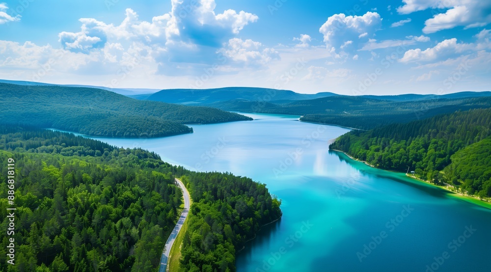 Obraz premium Aerial Summer Landscape Featuring Bright Blue Lake Alongside Winding Road and Dense Vibrant Green Forest Canopy