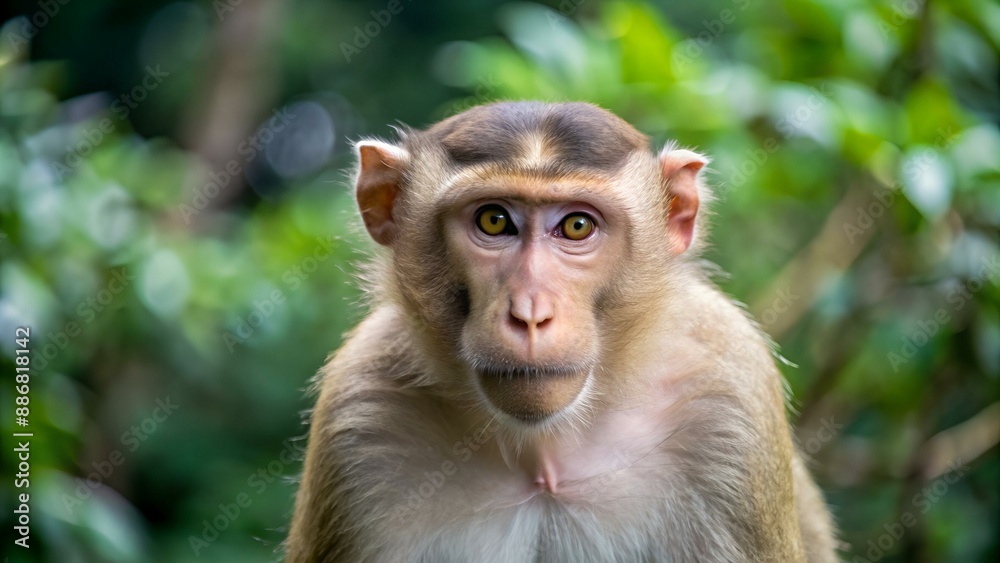 Male Southern pig-tailed macaque (Macaca nemestrina), a medium-sized Old World monkey, is in natural habitat of Khao Yai national park, Thailand. Portrait with forest trees background. Male Southern pig-tailed macaque (Macaca nemestrina), a medium-sized Old World monkey, is in natural habitat of Khao Yai national park, Thailand. Portrait with forest trees background.