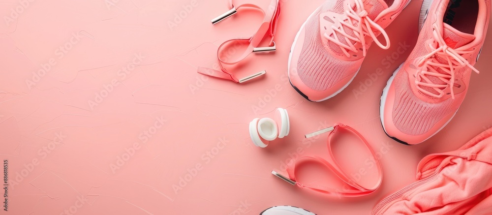 A pink background features a copy space image of workout gear. A pink background features a copy space image of workout gear.
