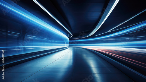 generated illustration of light trail movement of tunnel in blue