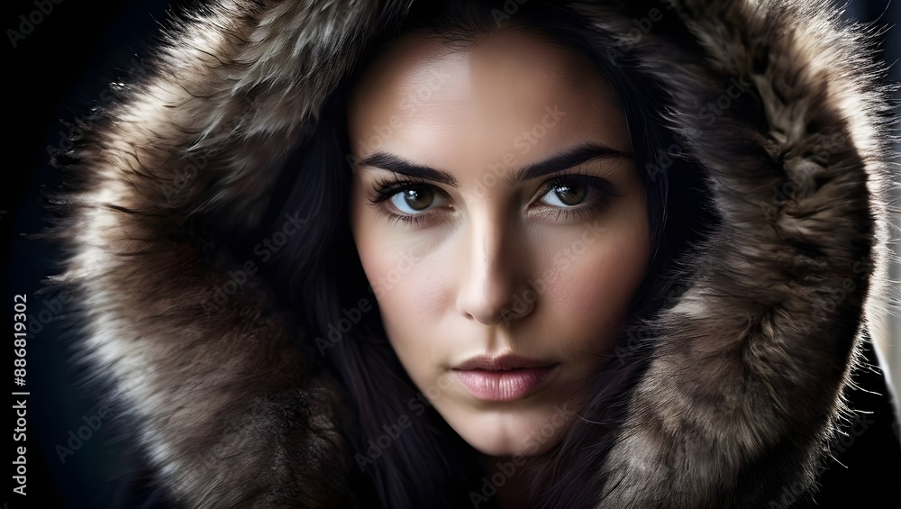 Woman's Windswept Hair and Fur-Trimmed Hood in Atmospheric Lighting, portrait of a woman in fur Woman's Windswept Hair and Fur-Trimmed Hood in Atmospheric Lighting, portrait of a woman in fur
