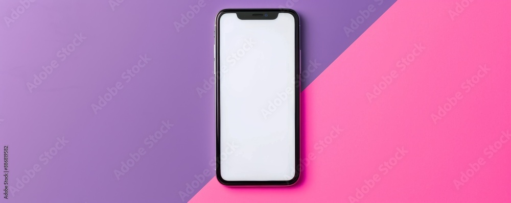 Front view of blank white screen mobile phone against vibrant purple and pink background Front view of blank white screen mobile phone against vibrant purple and pink background