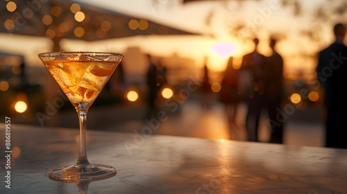 Elegant cocktail glass in a rooftop bar. Blur luxurious atmosphere background give a feeling of relaxation, modern and classy. Make the audience feel like they want to experience that for themselves.