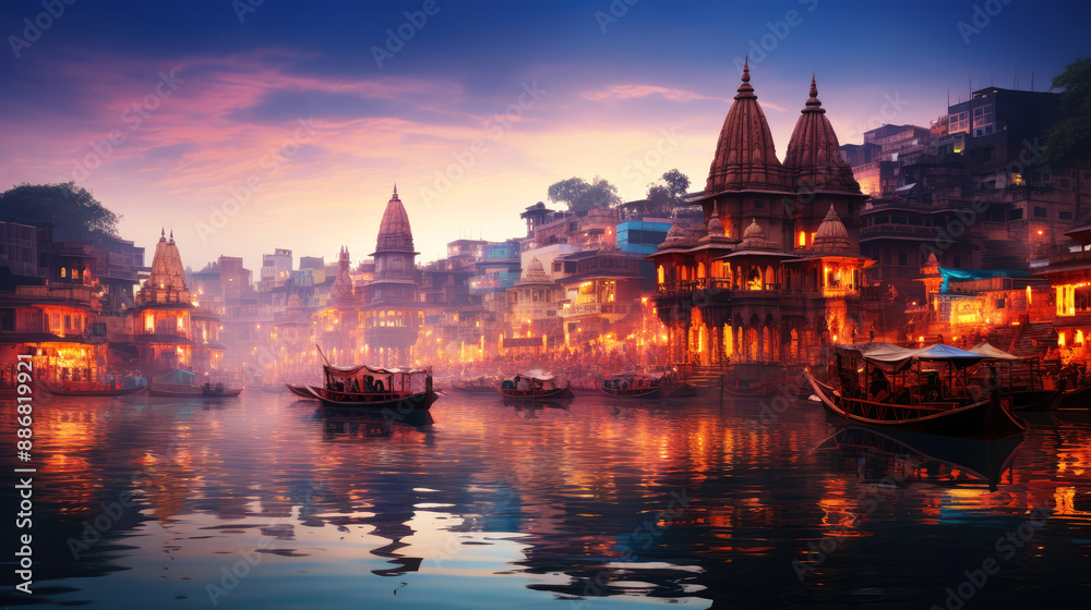 Obraz premium generated illustration of ancient Varanasi city architecture at sunset