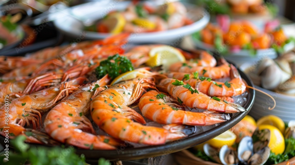 A seafood buffet table with a variety of dishes including grilled salmon, shrimp scampi, and seafood salad.