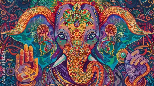 A vibrant and colorful artwork of Lord Ganesh
