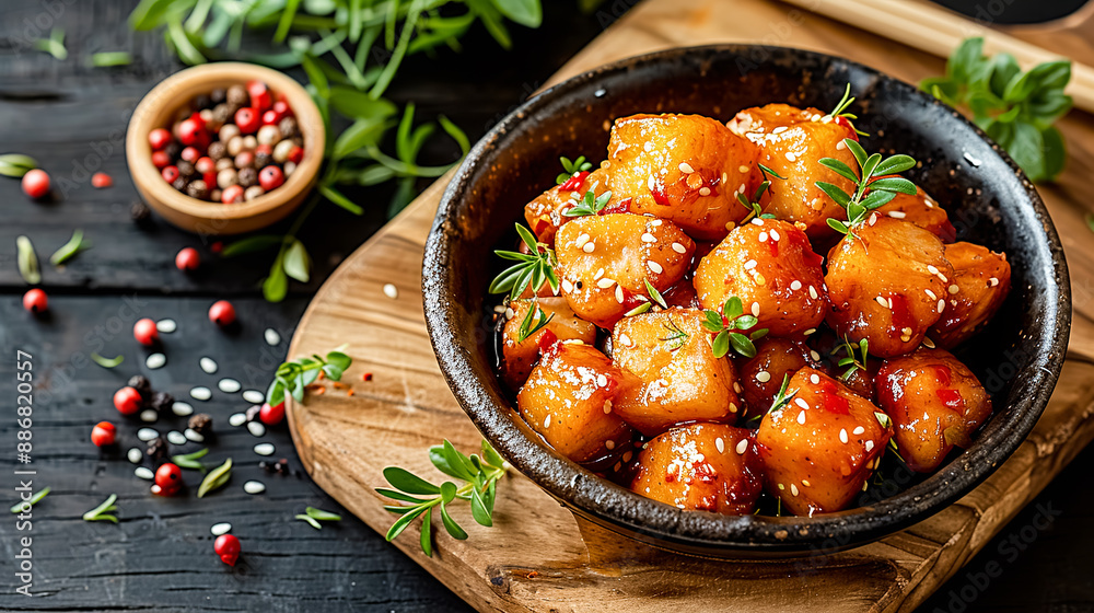 Fried sweet potatoes with sesame seeds in a bowl on a black wooden background. Fried sweet potatoes with sesame seeds in a bowl on a black wooden background.