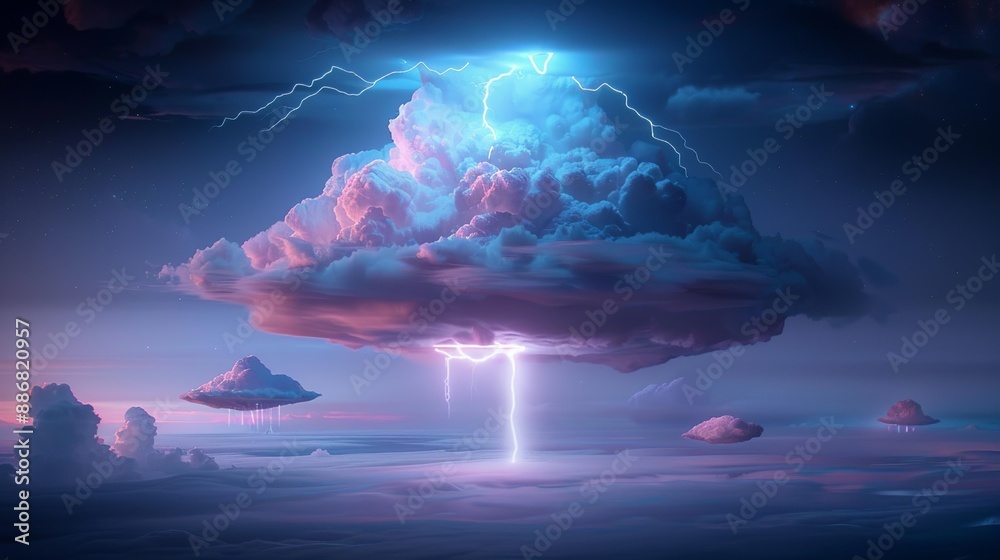 Floating Lightning Fantasy landscape of floating islands in the atmosphere of a gas giant ...