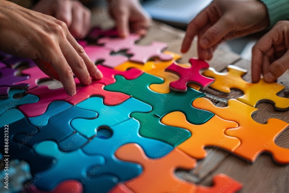 A team is assembling a jigsaw puzzle, each piece representing a different aspect of their business vision and goals, the teamwork concept