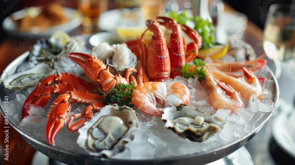 A seafood platter with lobster, crab, shrimp, and oysters on ice, served at a fine dining restaurant. A seafood platter with lobster, crab, shrimp, and oysters on ice, served at a fine dining restaurant.