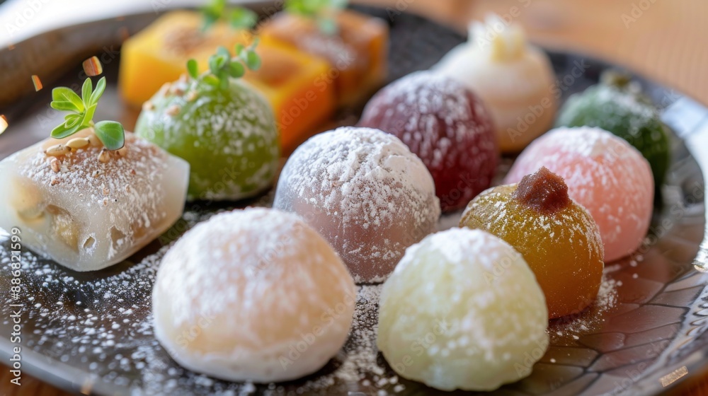 A selection of Japanese mochi desserts with different fillings and dusted with powdered sugar. A selection of Japanese mochi desserts with different fillings and dusted with powdered sugar.