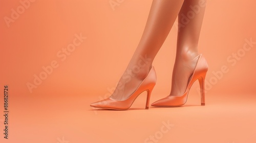 A pair of peach-colored high heels stand on a soft coral backdrop. The focus is on the shoes, showcasing their elegant design