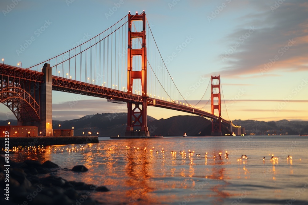 Golden Gate Bridge Close up with San Francisco Downtown at sunset., generative IA Golden Gate Bridge Close up with San Francisco Downtown at sunset., generative IA