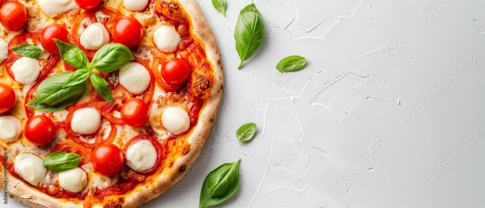 A pizza featuring tomatoes, mozzarella, and basil on a pristine white backdrop Garnished with a single green basil leaf A pizza featuring tomatoes, mozzarella, and basil on a pristine white backdrop Garnished with a single green basil leaf