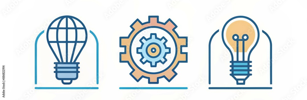 Blue Outline Lightbulb Icons on White Background, concept, graphic, design, icon, lightbulb , Blue Outline Lightbulb Icons on White Background, concept, graphic, design, icon, lightbulb ,