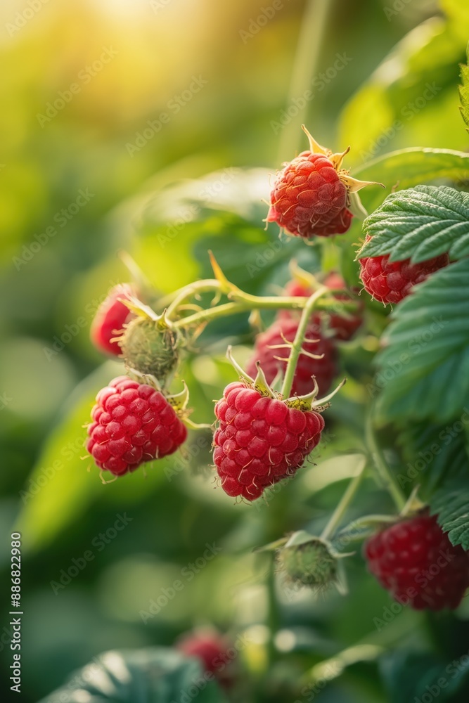 Ripe raspberry plant with green plants in garden. Medium shot of fresh fruit hanging from vine. Blurred background suggests more plants or foliage. Perfect for eco and food photography. Ripe raspberry plant with green plants in garden. Medium shot of fresh fruit hanging from vine. Blurred background suggests more plants or foliage. Perfect for eco and food photography.