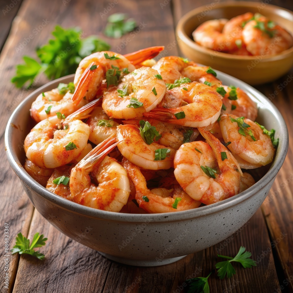 Close-up of a Bowl of Fried Shrimp with Parsley, Seafood, Appetizer, Cuisine, Recipe Close-up of a Bowl of Fried Shrimp with Parsley, Seafood, Appetizer, Cuisine, Recipe