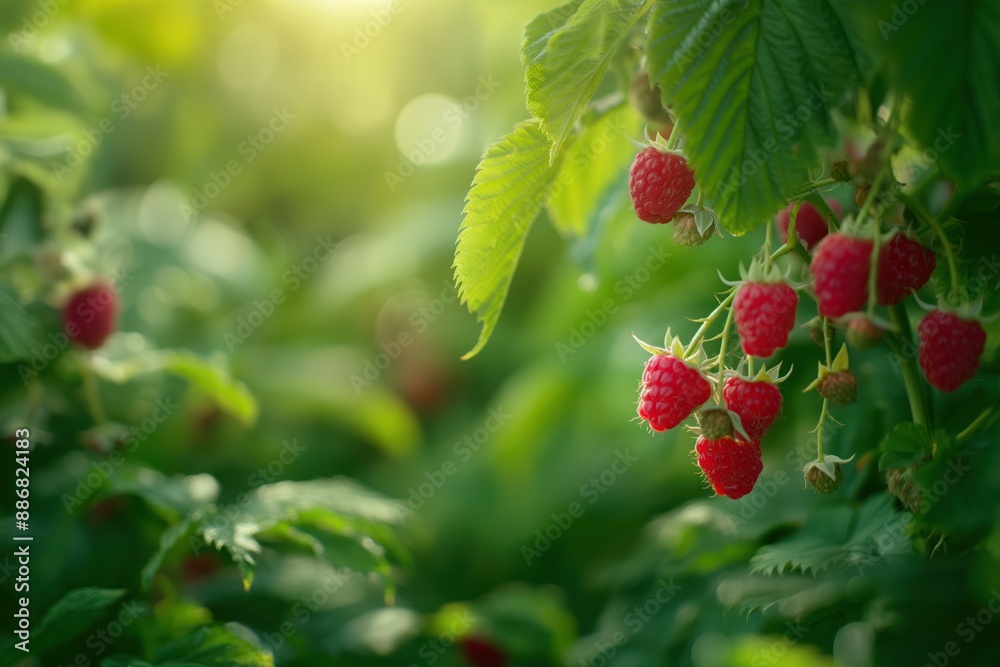 Ripe raspberry bush in garden with lush green foliage. Vibrant red berries hang from branches under soft sunlight filtering through leaves. Perfect for eco and foodie themes. Ripe raspberry bush in garden with lush green foliage. Vibrant red berries hang from branches under soft sunlight filtering through leaves. Perfect for eco and foodie themes.