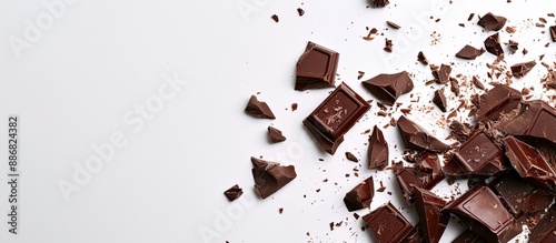 Chocolate pieces shattered on a white backdrop with available copy space image.