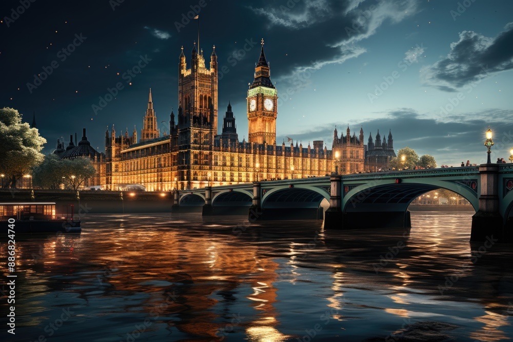 Naklejka premium Westminster Palace and Bridge on summer night in London, United Kingdom., generative IA