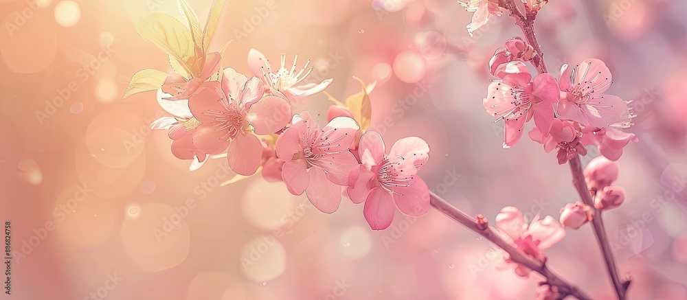 A dreamy romantic spring image: a blooming peach tree branch in soft pink tones against a natural background with copy space image. A dreamy romantic spring image: a blooming peach tree branch in soft pink tones against a natural background with copy space image.
