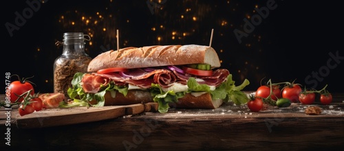 Rustic background with copy space image showcasing a classic jamon sandwich.