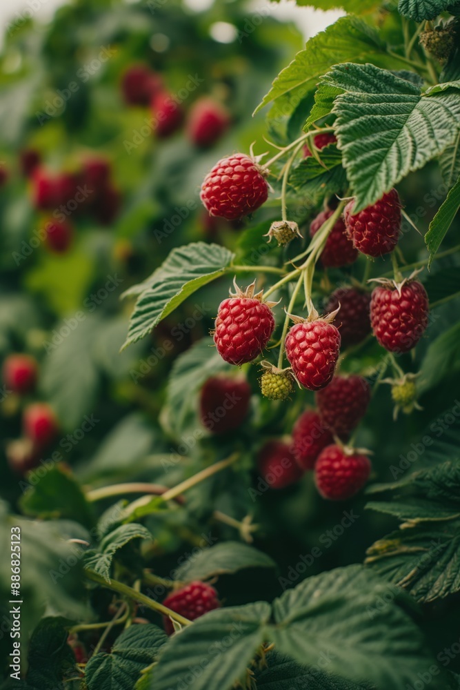Ripe fresh raspberry plant with plants around in garden. Medium shot of red berries hanging from leaves. Perspective from below looking up at raspberries, natural habitat and for foodie, eco themes. Ripe fresh raspberry plant with plants around in garden. Medium shot of red berries hanging from leaves. Perspective from below looking up at raspberries, natural habitat and for foodie, eco themes.
