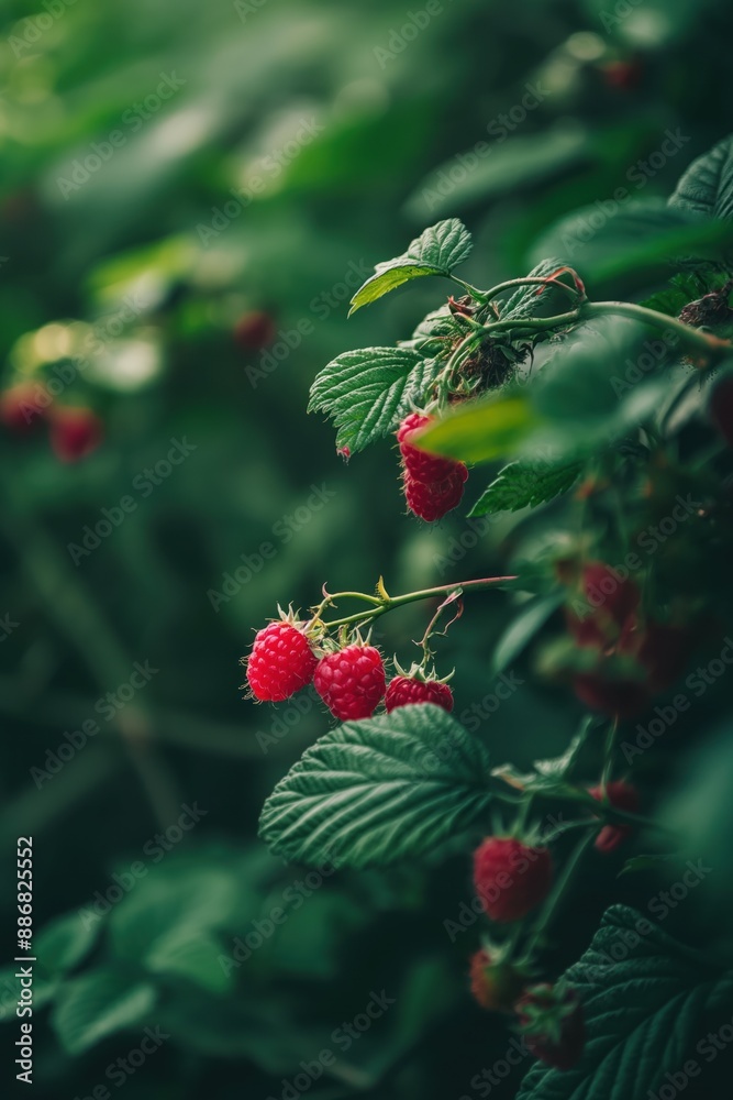 Raspberry bush in full bloom with ripe red fruit surrounded by lush green leaves. Medium shot of garden scene from below looking up at the plant. Fresh and juicy raspberries on bush in garden setting. Raspberry bush in full bloom with ripe red fruit surrounded by lush green leaves. Medium shot of garden scene from below looking up at the plant. Fresh and juicy raspberries on bush in garden setting.
