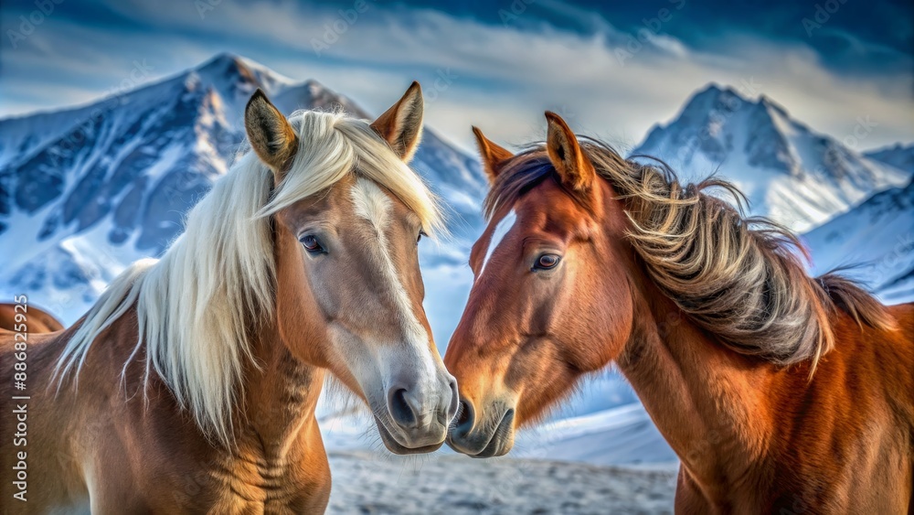 Horse Friends in the Mountains, Digital Art, Two Horses, Close-up, Snow, Mountains, Nature Horse Friends in the Mountains, Digital Art, Two Horses, Close-up, Snow, Mountains, Nature