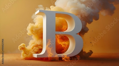 The letter B in 3D, in white color, it's on fire, there are  fire flames on it, it's burning, there is a lot of  smoke around, smooth orange background.