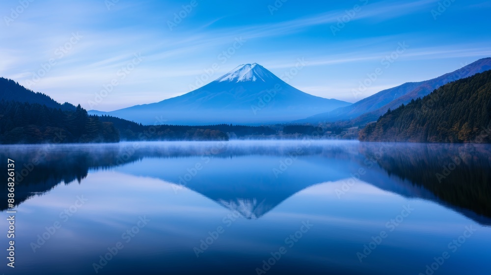 Beautiful serene lake with a stunning view of a snow-capped mountain under a clear blue sky, perfectly mirrored in the calm water. Beautiful serene lake with a stunning view of a snow-capped mountain under a clear blue sky, perfectly mirrored in the calm water.