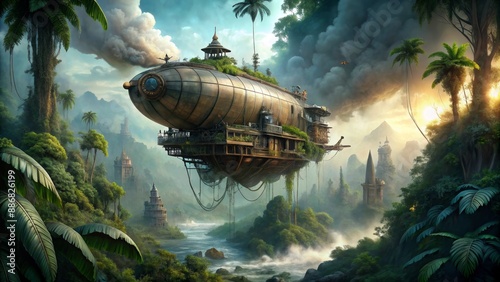 Fototapeta Naklejka Na Ścianę i Meble -  Jungle Air Ship, steampunk , airship , fantasy , tropical