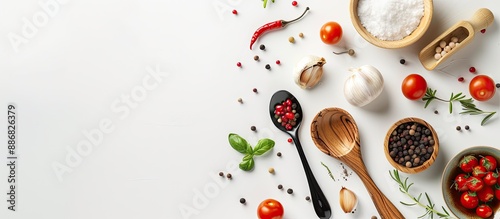 Cooking utensils and ingredients arranged on a white background with copy space image. photo